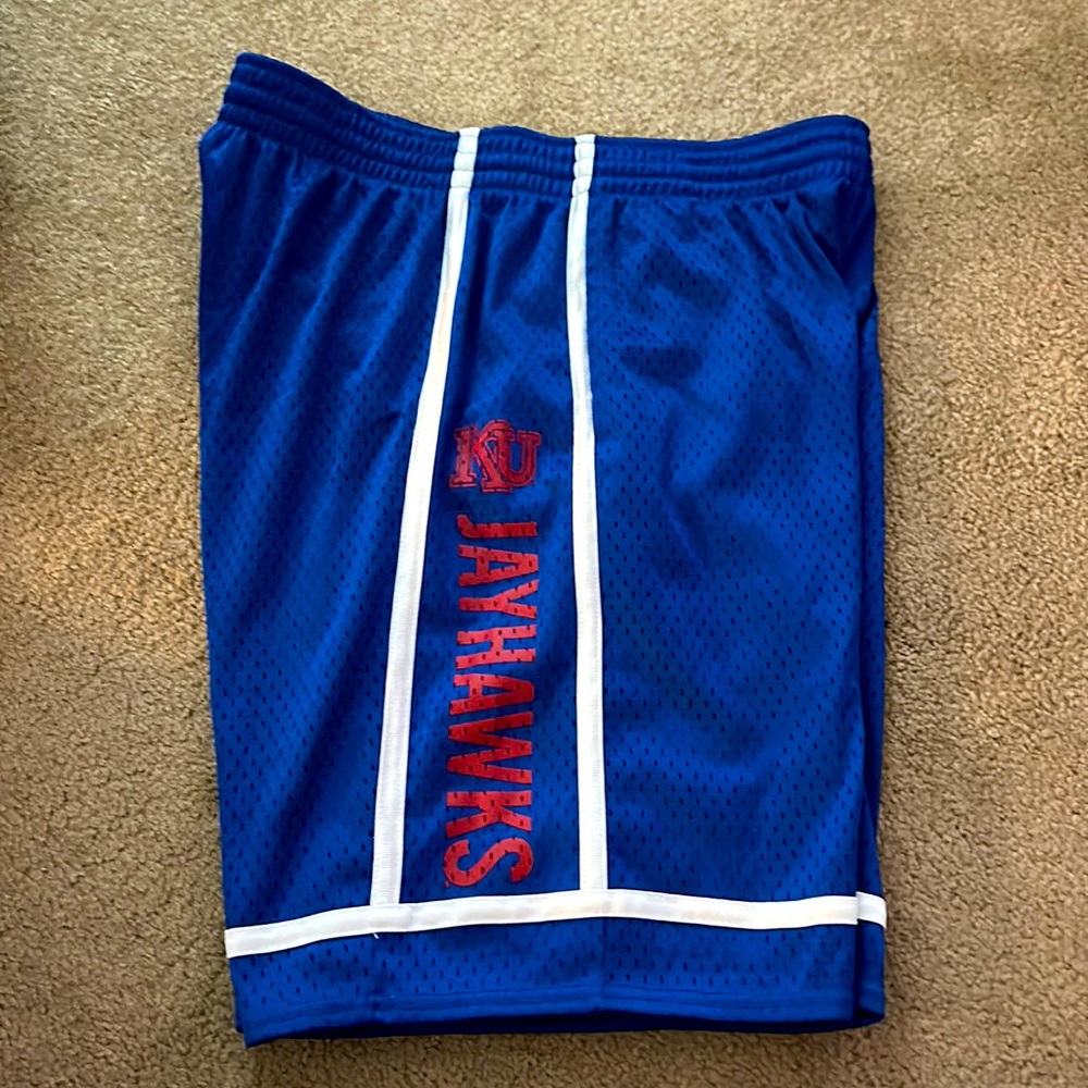 Adidas Men’s Blue Kansas University Jayhawks basketball shorts.